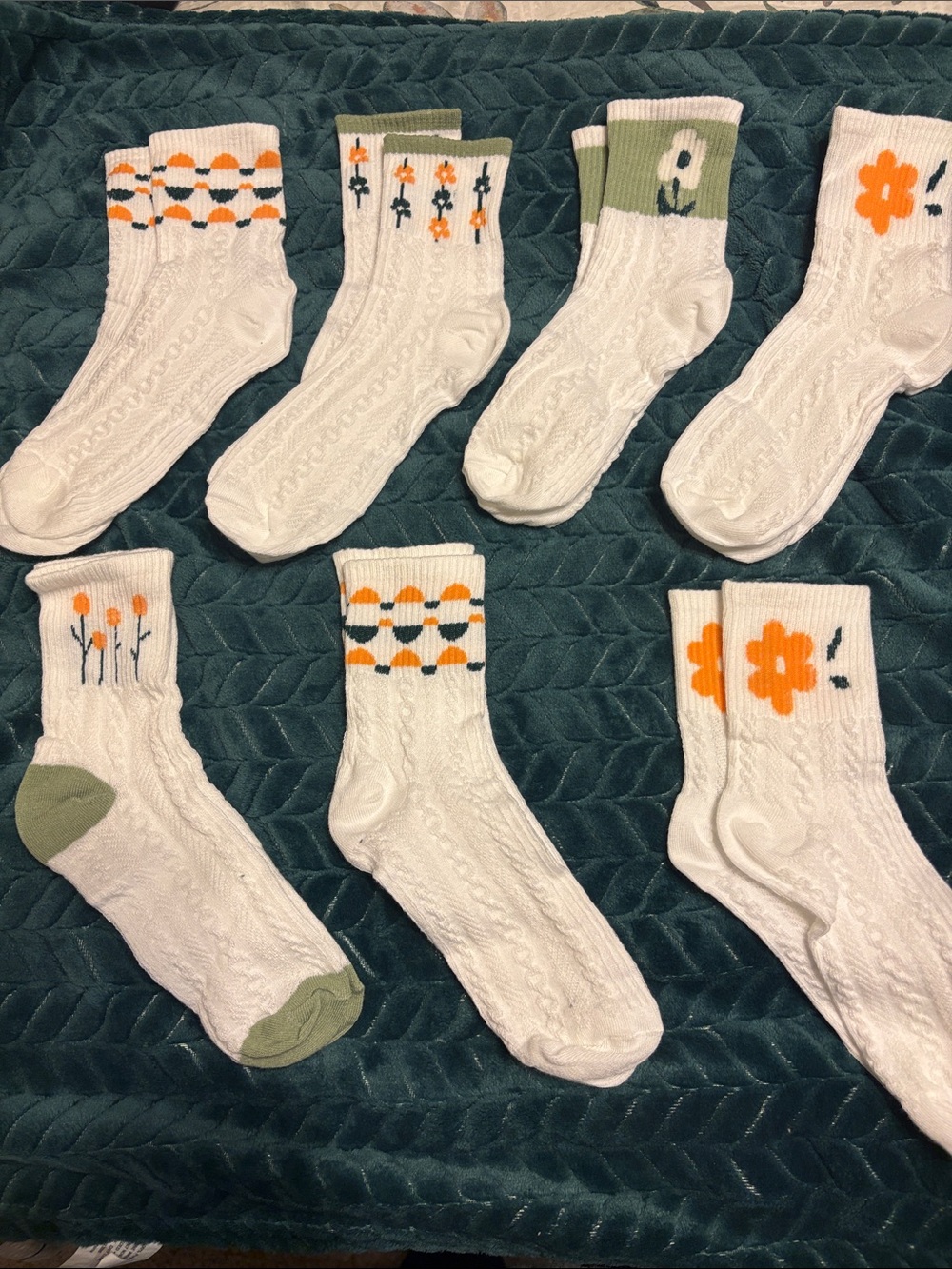 White Crew Socks with Orange Floral Accents and Green Trim